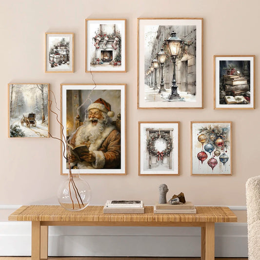 Kerst schilderij met kerstman, sneeuwpop, rendier en arrenslee wintertafereel