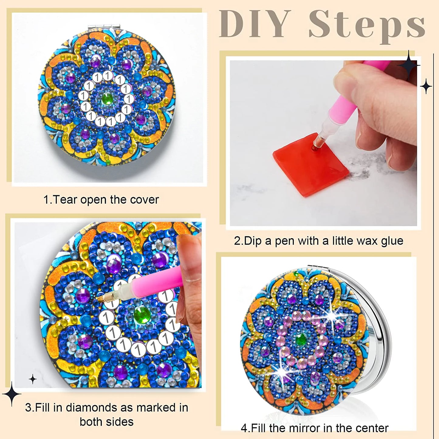 Diamond Painting Spiegel Opvouwbare Compacte Pocketspiegel Mandala PU Leer 7x7cm - 134