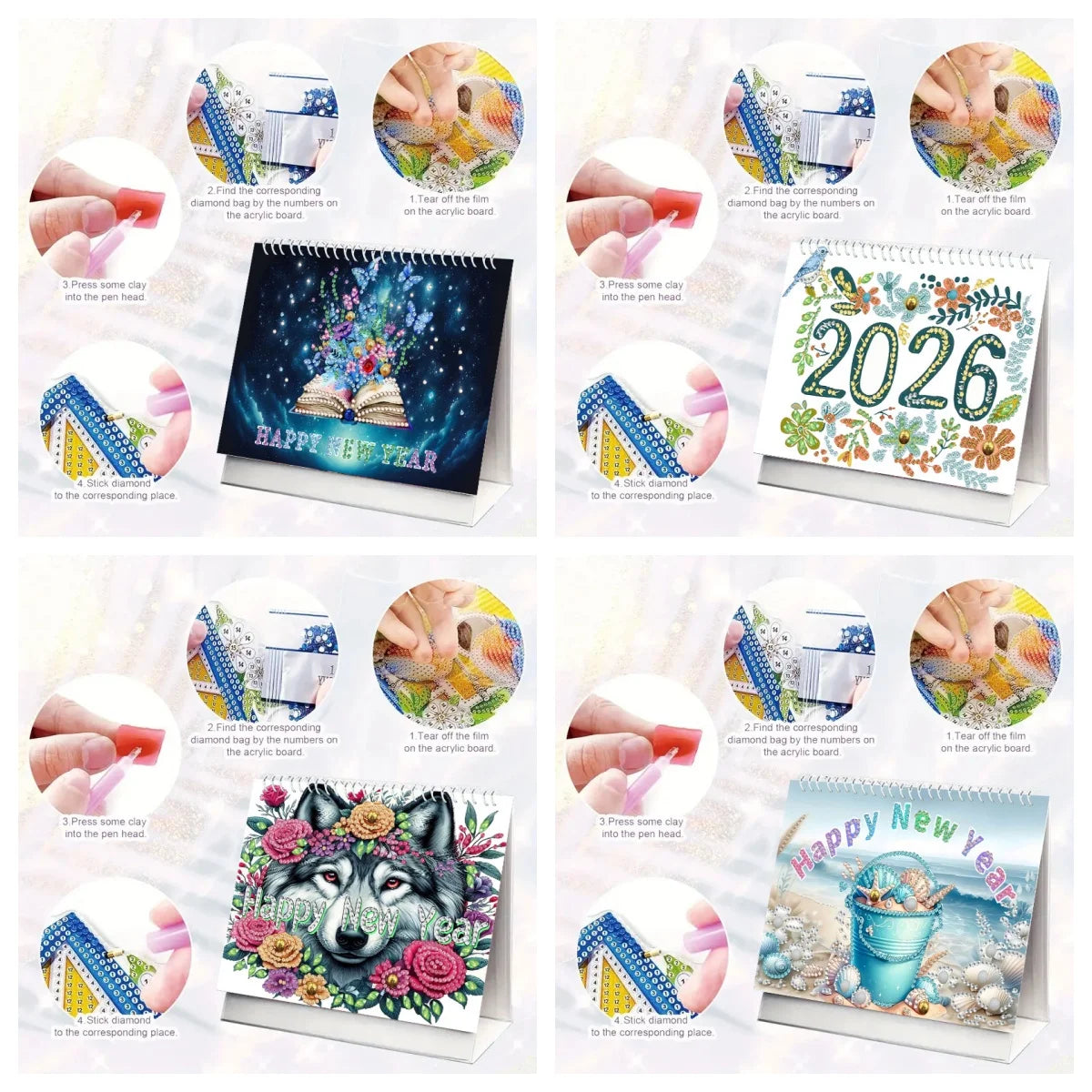 Diamond Painting Kalender 2026 Wolf en Bloemenpatroon – Creatieve Steentjes Set