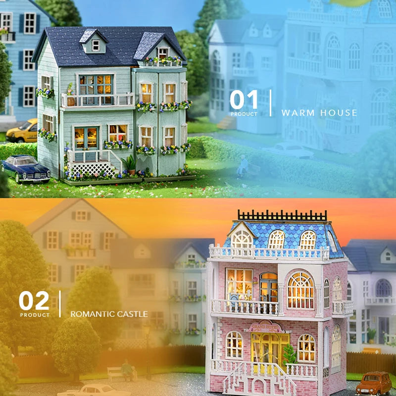 Zelfbouw miniatuurhuisje houten villa met meubels en verlichting - D-005