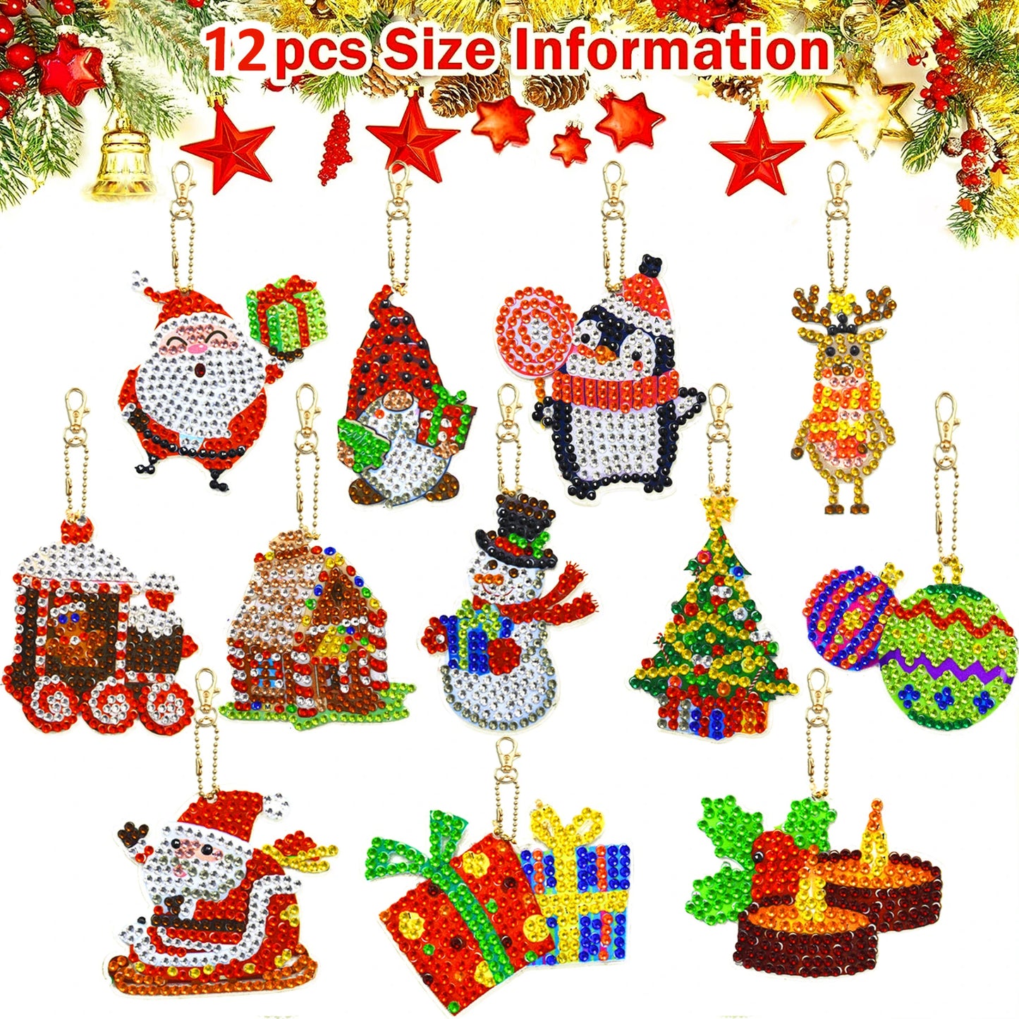 Diamond Painting Sleutelhanger set Kerst 12 Dubbelzijdige Kersthangers - YSK163