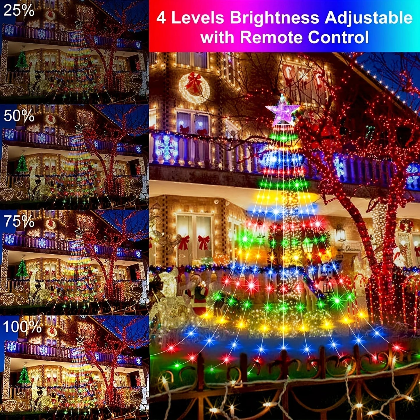 Led Kerstboom Waterval Slingerlicht met Ster Top – 8 Lichtstanden voor Binnen & Buiten