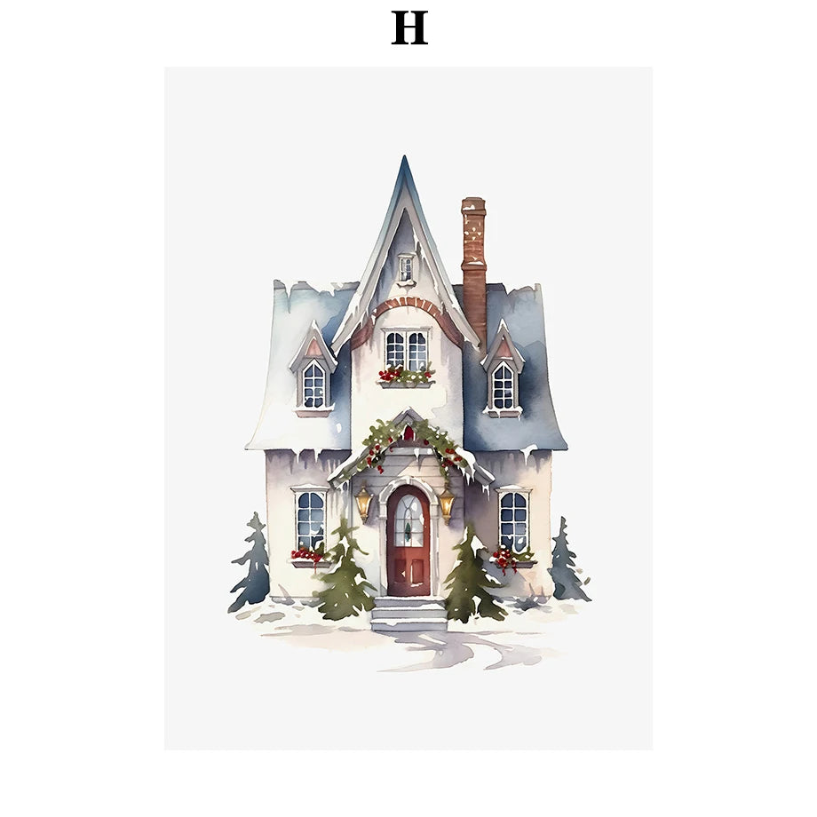 Kerst schilderij kerstboom met kerstman sneeuwhuis canvas poster