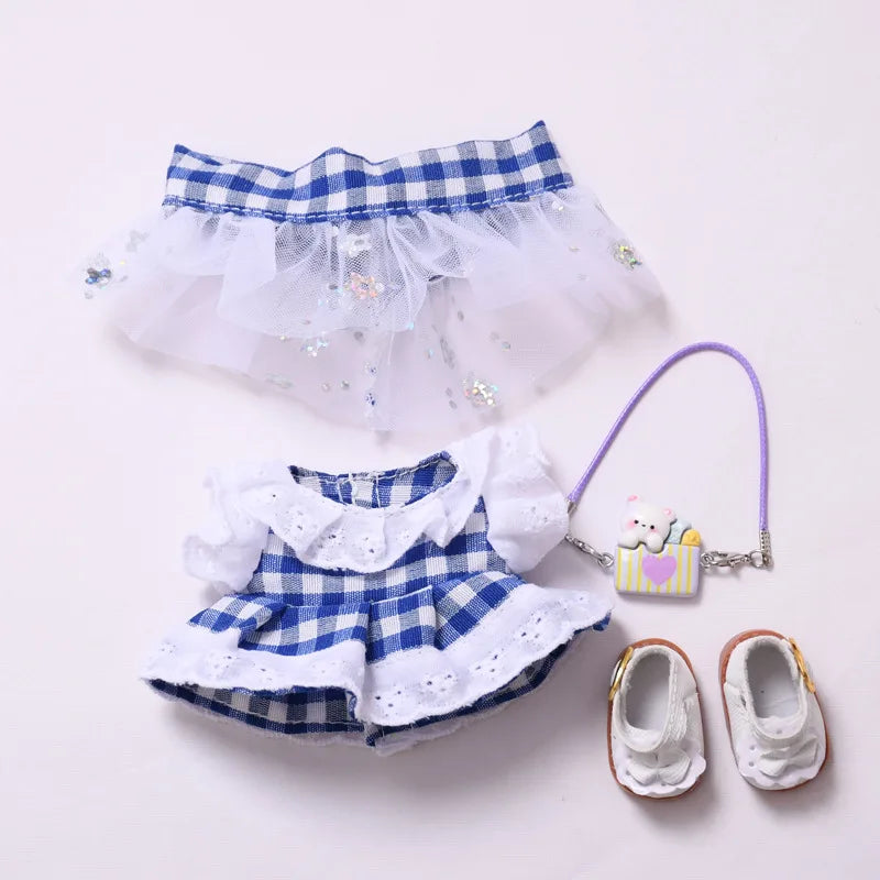 Kleding voor Labubu poppen - Blauw geruite jurk met haarstrik 15/17cm