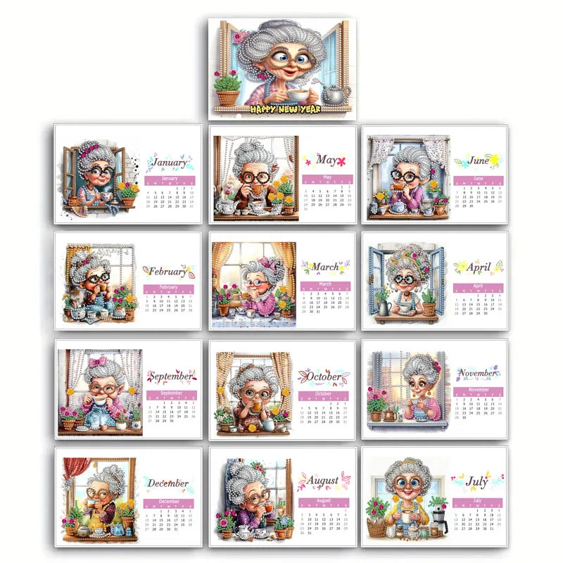 Diamond Painting Kalender 2026 met Oma, Huis en Bloemenpatroon