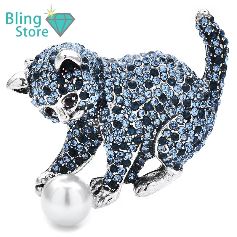 Broche Dieren | Speelse Kat met Bal – Glanzende Strass Dierenbroche