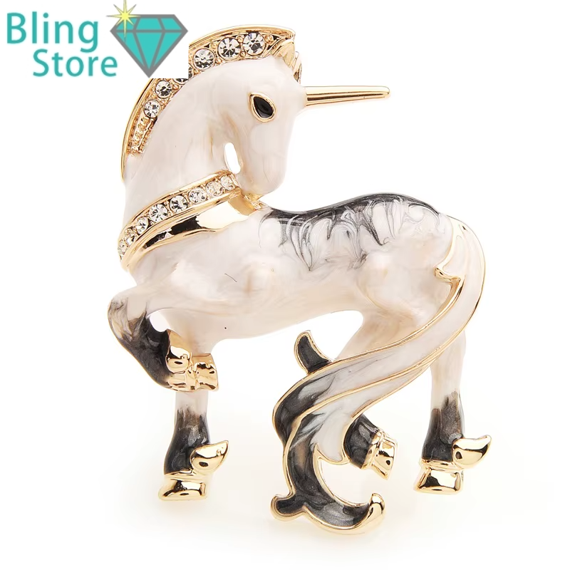 Broche Dieren | Witte Geluks Paard Emaille Broche met Strass en Legering