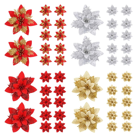 Kerst ornament voor in Kerstboom glitterbloemen goud 14,5 cm set van 5 stuks