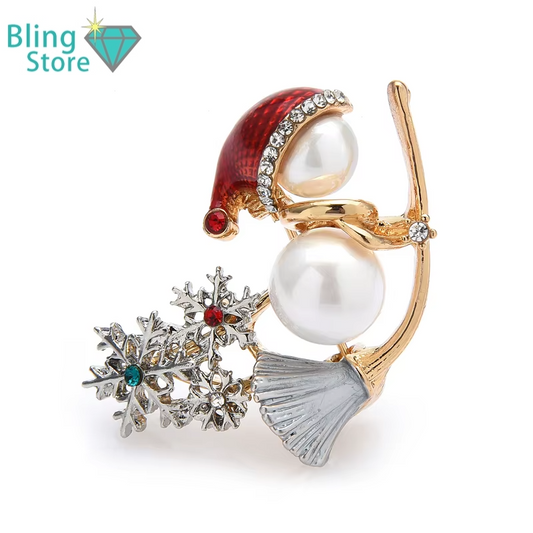 Kerst broche sneeuwpop met stras en parel detail – feestelijke speld