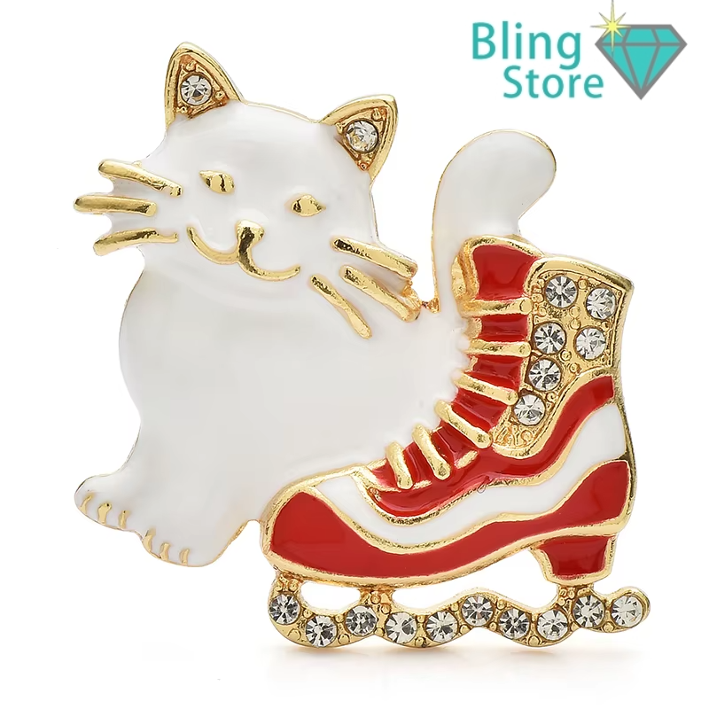 Kerst Broche Kat en Schaats – Winterse Emaille Speld voor Unisex Cadeaus