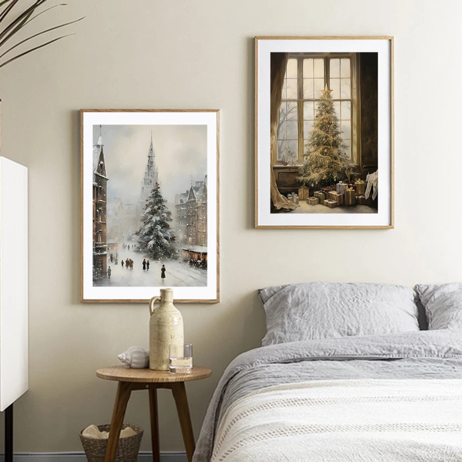 Kerst schilderij Kerstman - sneeuwpop - winterhuis aquarel canvas poster