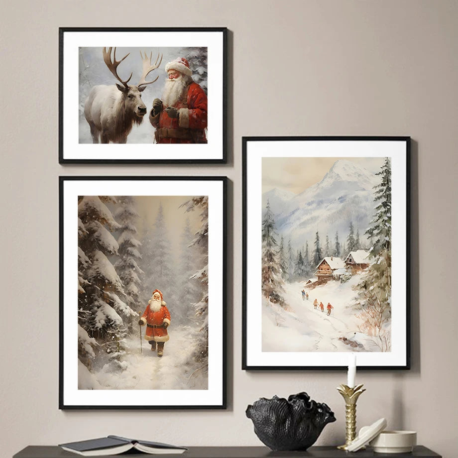 Kerst schilderij Kerstman - sneeuwpop - winterhuis aquarel canvas poster