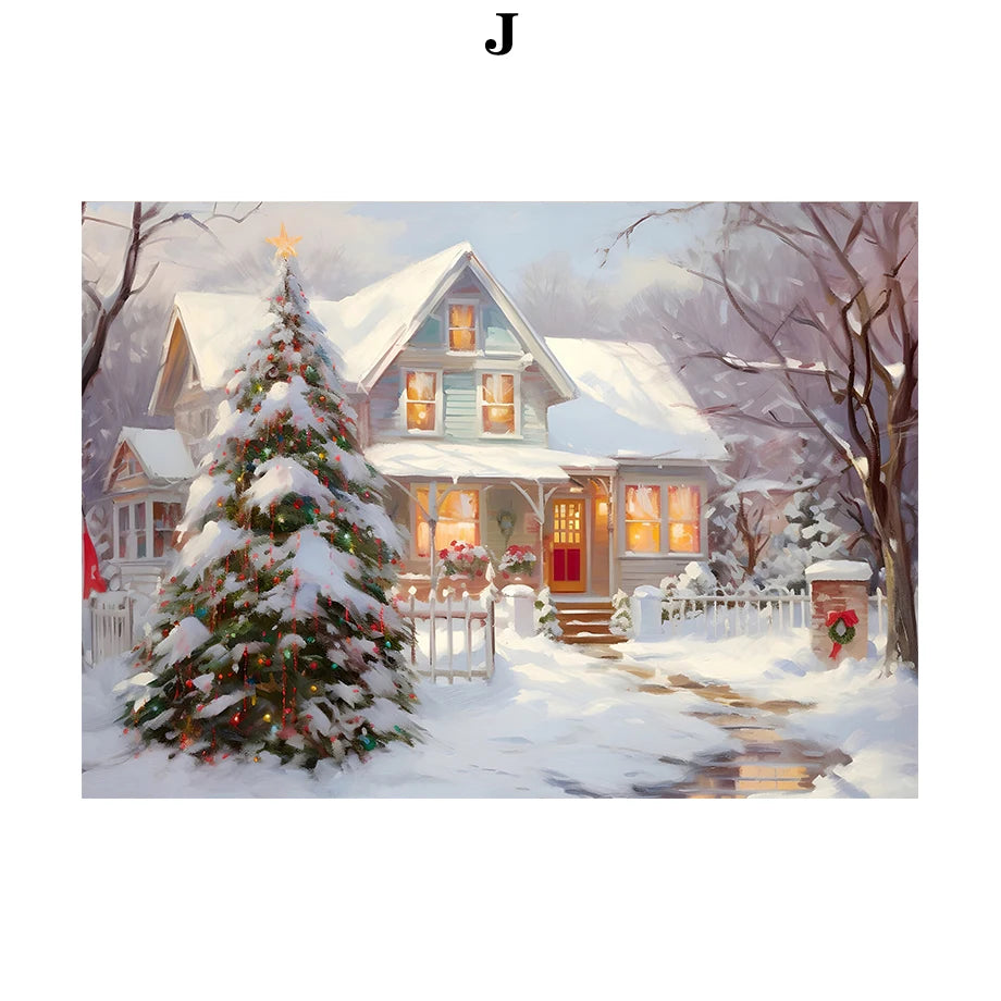 Kerst schilderij Kerstman - sneeuwpop - winterhuis aquarel canvas poster