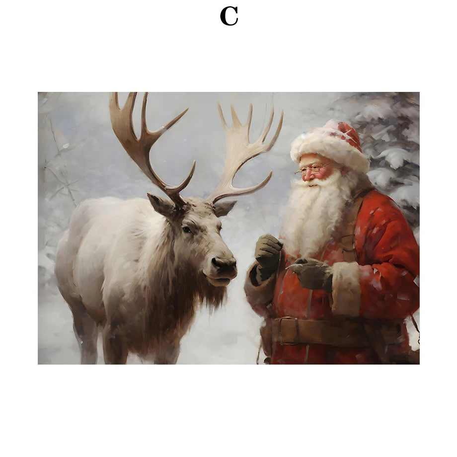 Kerst schilderij Kerstman - sneeuwpop - winterhuis aquarel canvas poster