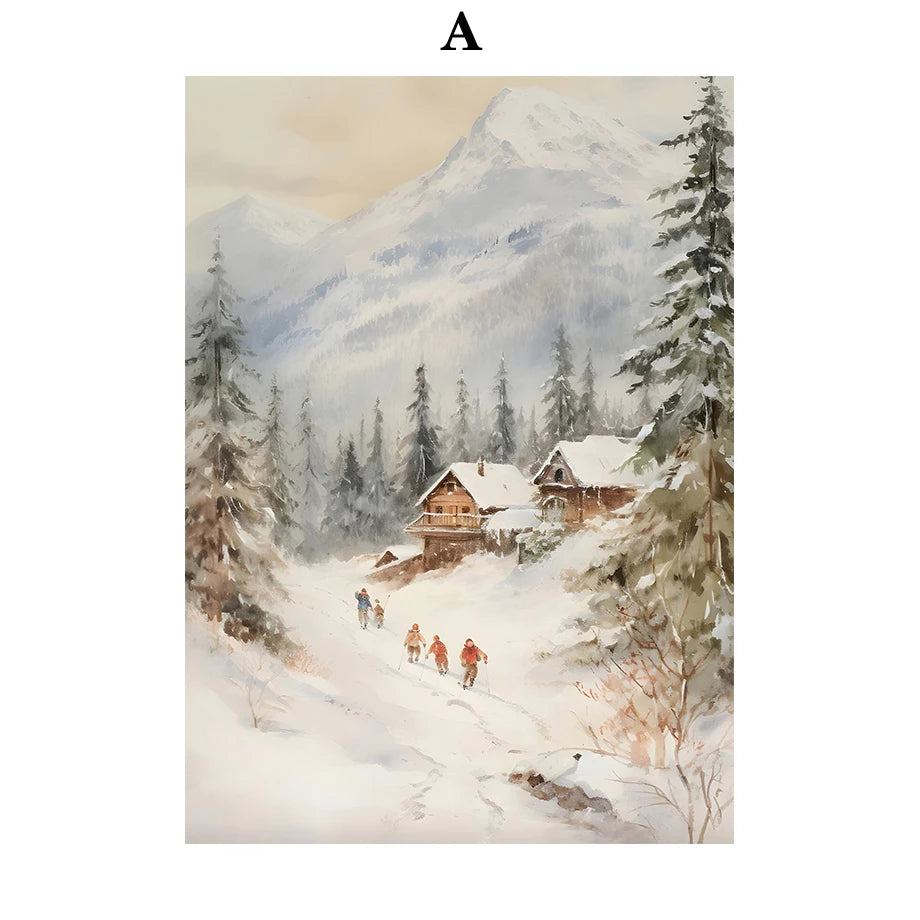 Kerst schilderij Kerstman - sneeuwpop - winterhuis aquarel canvas poster