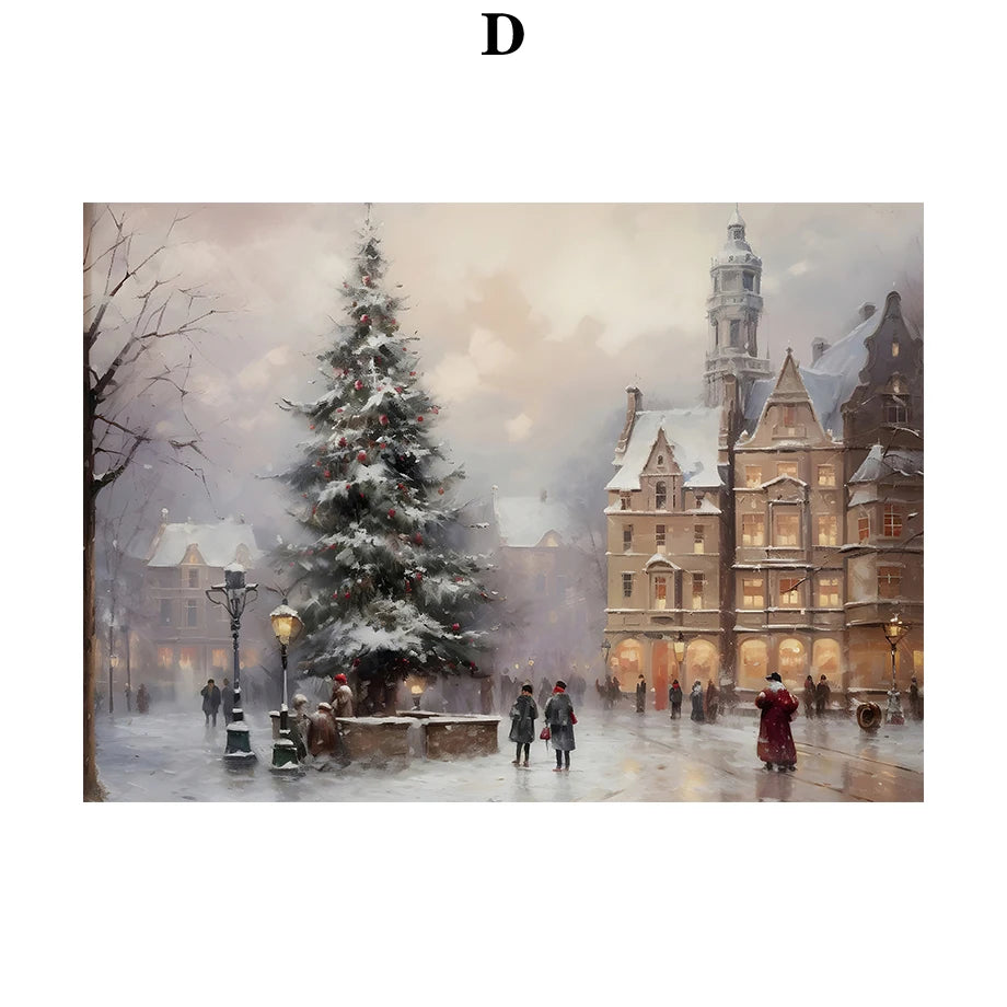 Kerst schilderij Kerstman - sneeuwpop - winterhuis aquarel canvas poster