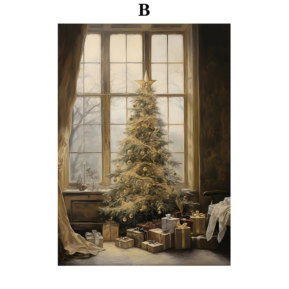 Kerst schilderij Kerstman - sneeuwpop - winterhuis aquarel canvas poster