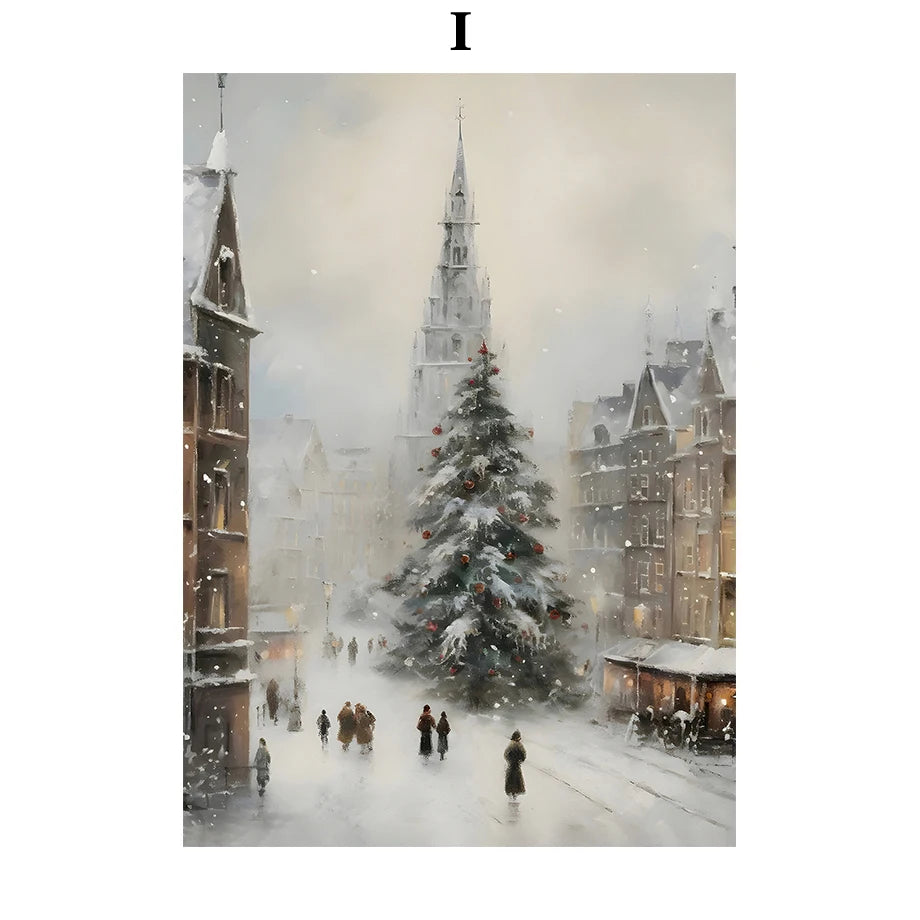 Kerst schilderij Kerstman - sneeuwpop - winterhuis aquarel canvas poster