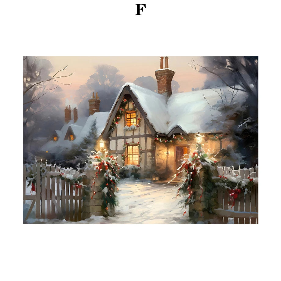 Kerst schilderij Kerstman - sneeuwpop - winterhuis aquarel canvas poster