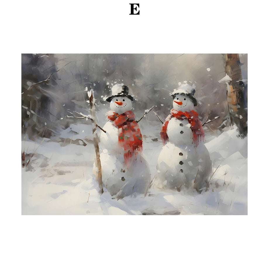 Kerst schilderij Kerstman - sneeuwpop - winterhuis aquarel canvas poster