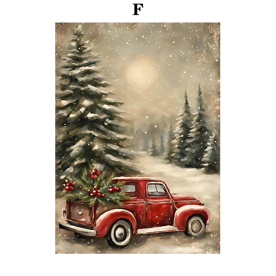 Kerst schilderij Ski Puppy Santa Vintage Auto en Kerstboom Canvas