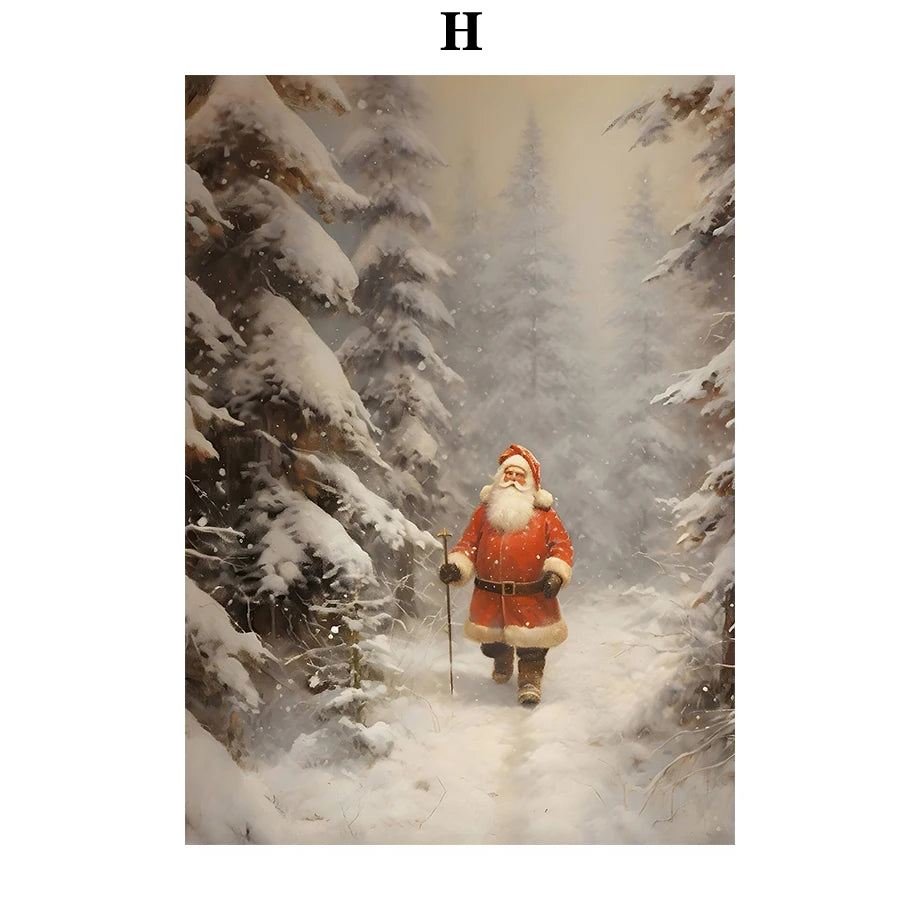 Kerst schilderij Kerstman - sneeuwpop - winterhuis aquarel canvas poster