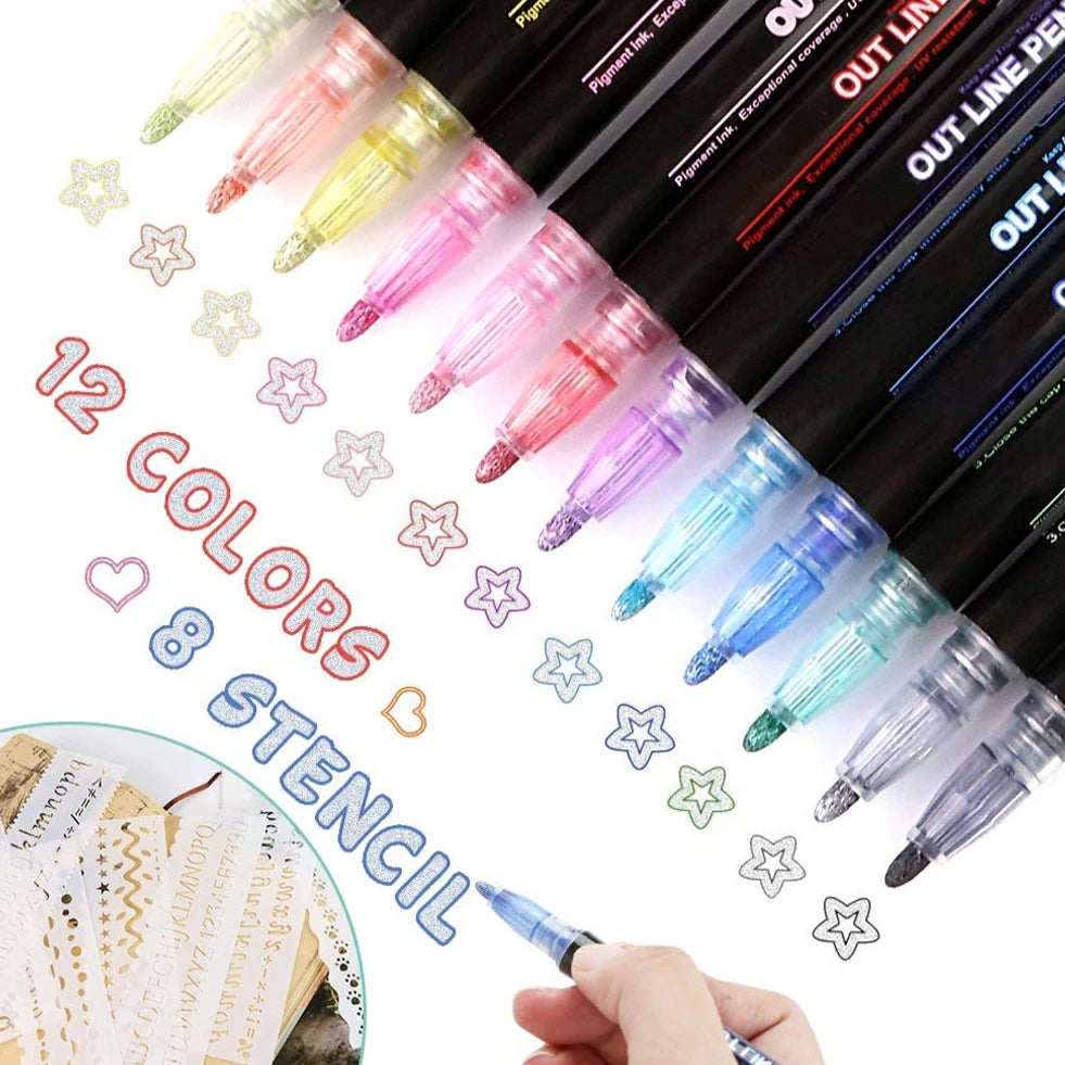 Stiften set met dubbele lijnen – metallic contour markers voor kaarten & bullet journal