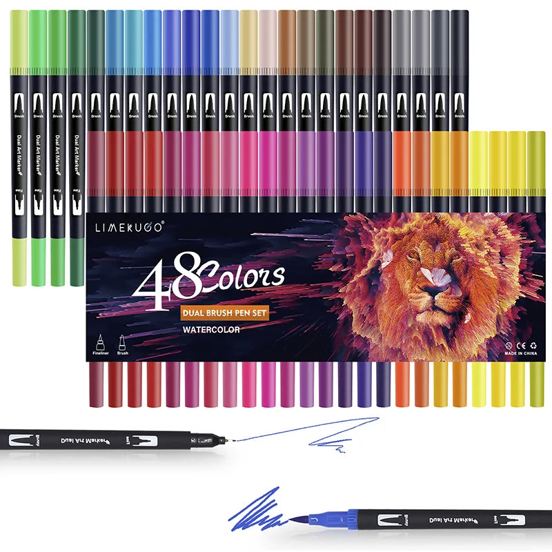 Stiften set met dual-tip brush pens en fineliner aquarel markers