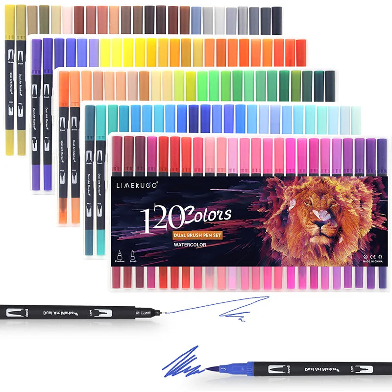 Stiften set met dual-tip brush pens en fineliner aquarel markers