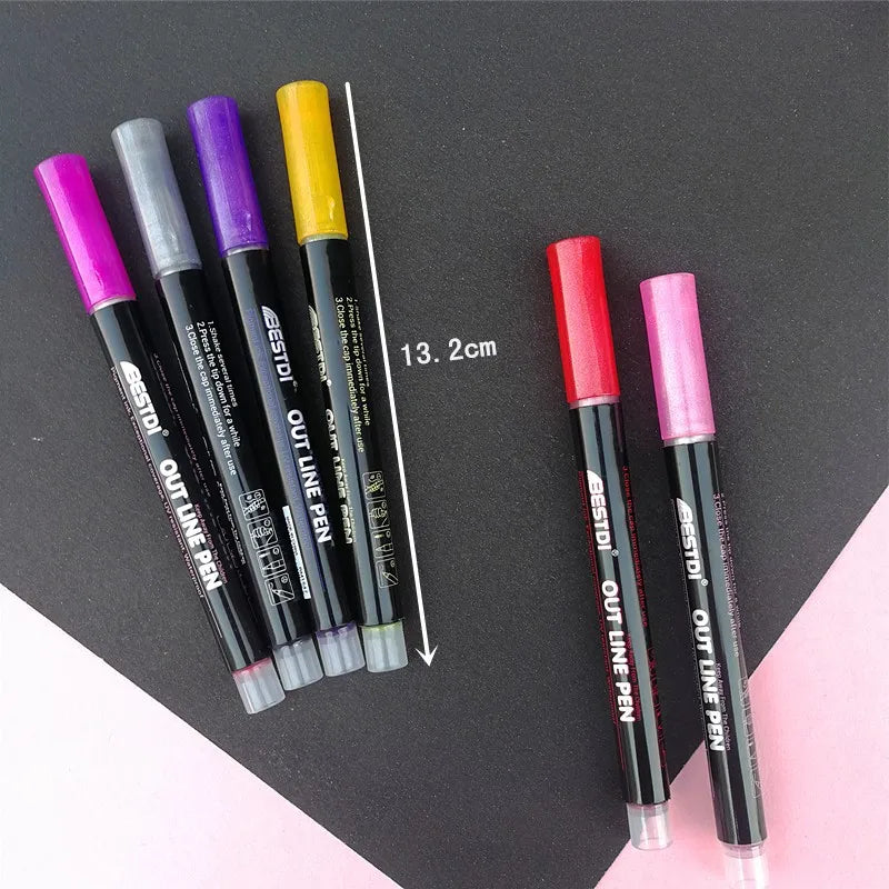 Stiften set met dubbele lijnen – metallic contour markers voor kaarten & bullet journal