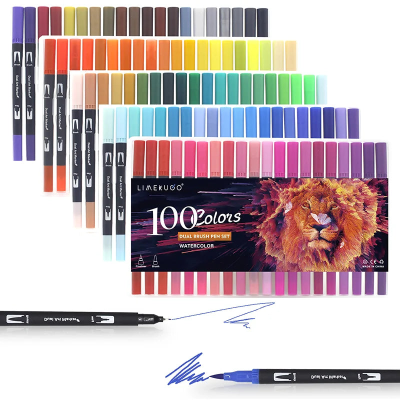 Stiften set met dual-tip brush pens en fineliner aquarel markers