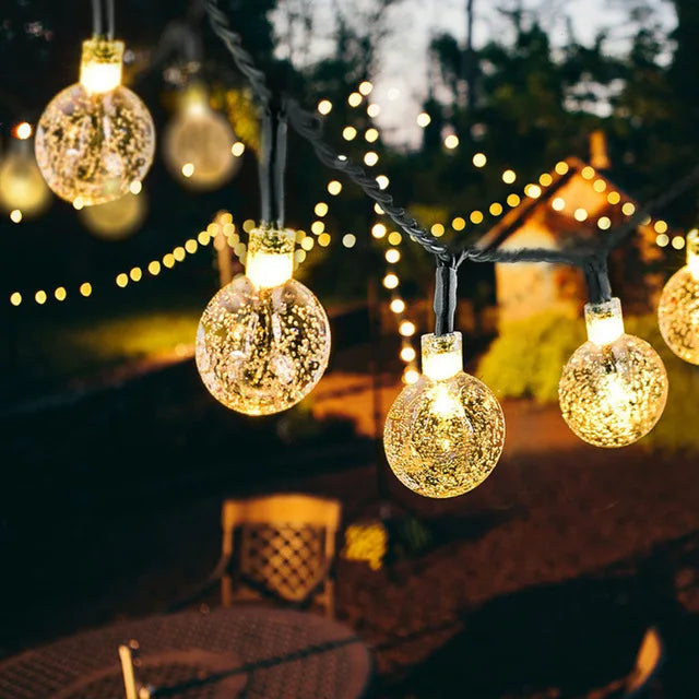 Kerst Lichtsnoer met Kristal Ballen – 10M Solar LED Buitenverlichting Waterdicht