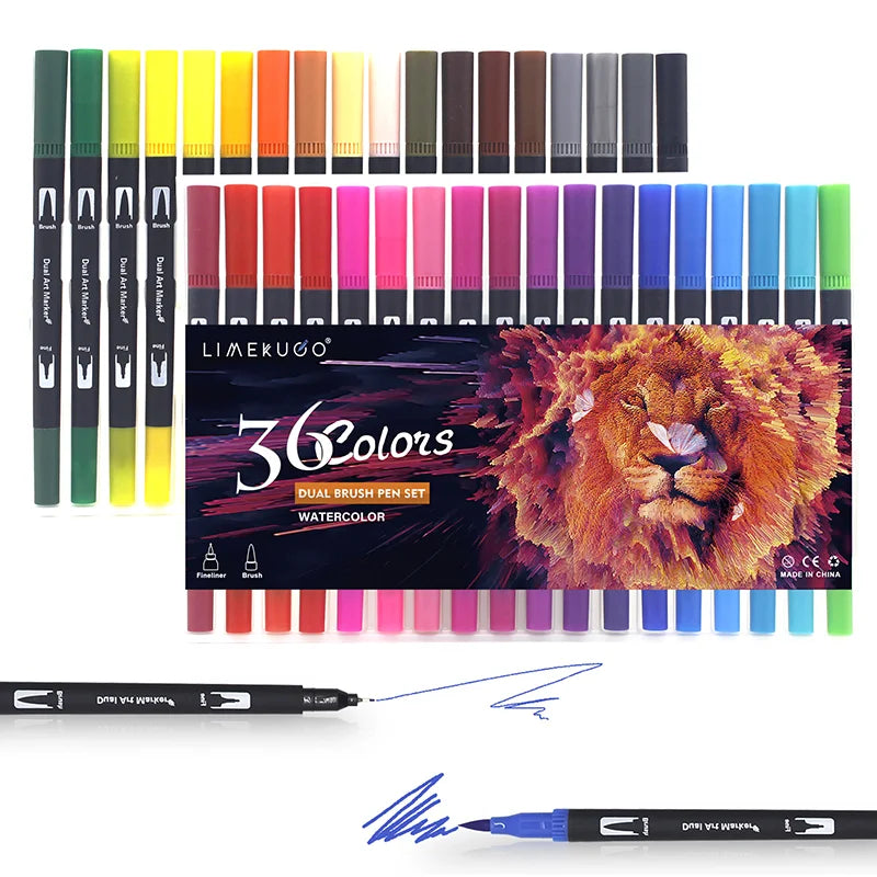 Stiften set met dual-tip brush pens en fineliner aquarel markers