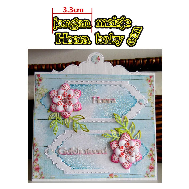 Snijmal Basis Nederlandse Teksten voor Kaarten en Scrapbooking - jongen meisje Hoera een baby