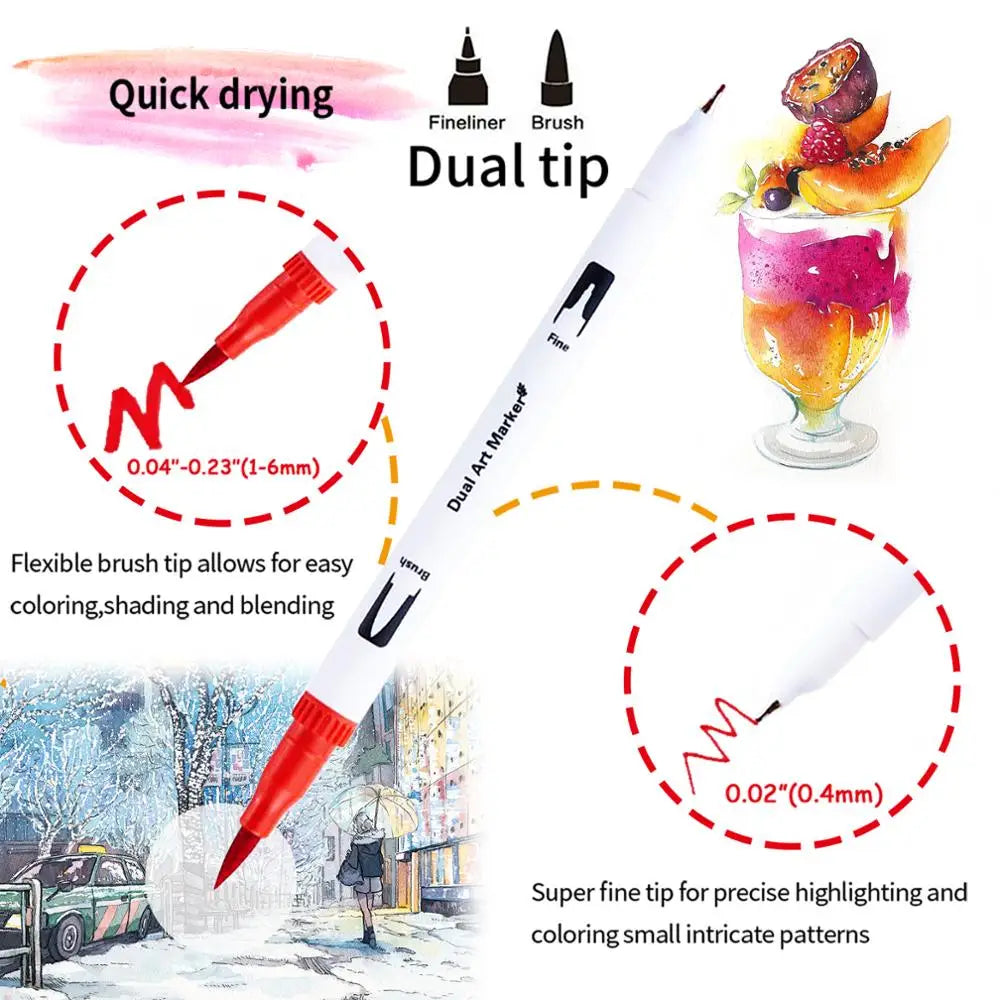 Stiften set Dual Tip Brush FineLiner voor schilderen, tekenen & handlettering (24/60 kleuren)