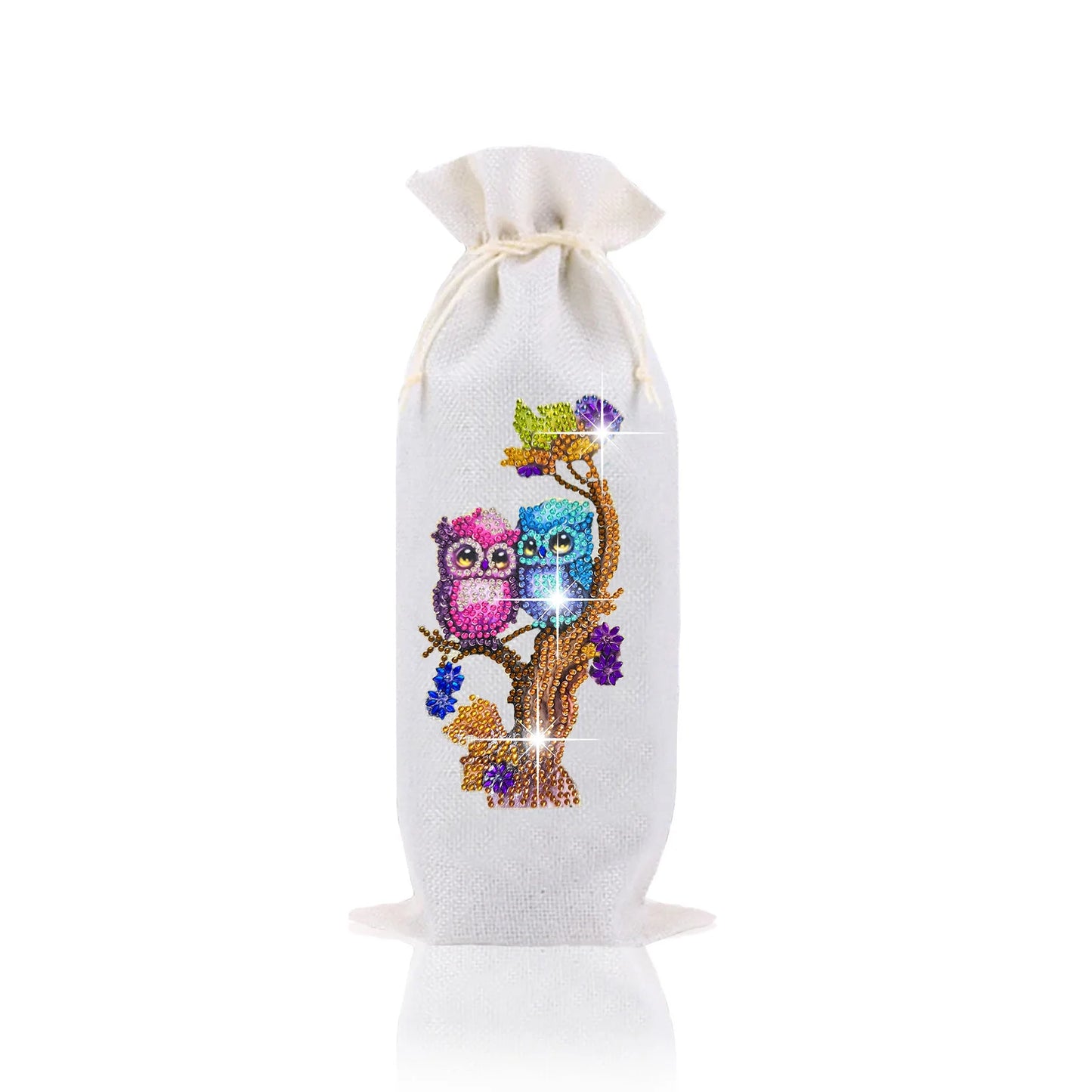 Diamond Painting Flessen hoes Uil & Bloemen Wijnfles Zak