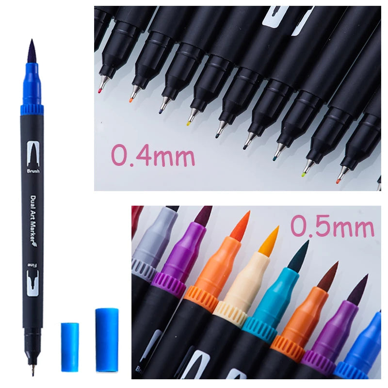 Stiften set met dual-tip brush pens en fineliner aquarel markers
