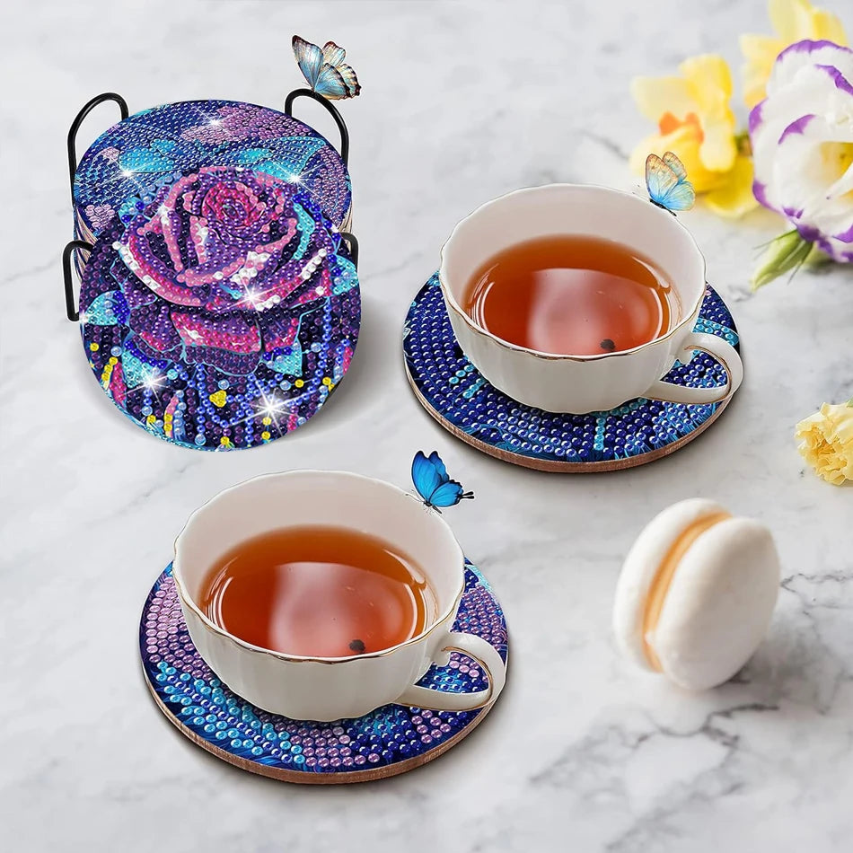 Diamond Painting Onderzetters - Set van 8 met Houder - Antislip Houten Onderzetters met Diamond Painting Steentjes