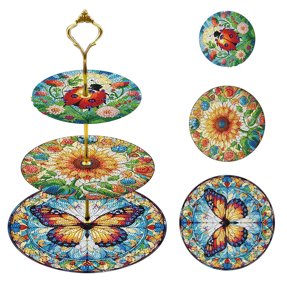 Diamond Painting Etagere Display Rek met Drie Lagen – Lieveheersbeestje, zonnebloem en vlinder