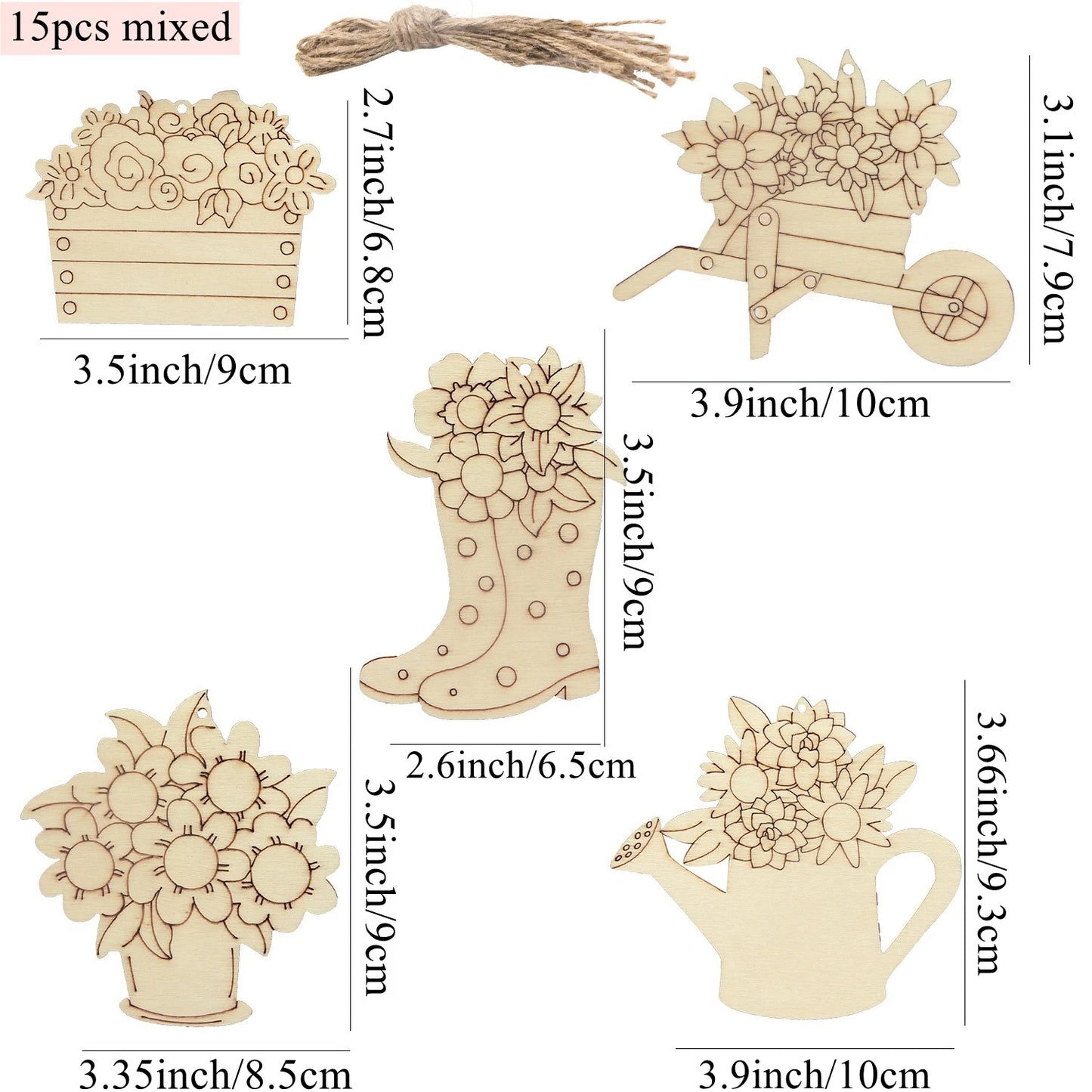 Houten figuren om zelf te kleuren/schilderen bloemen set (15 stuks)