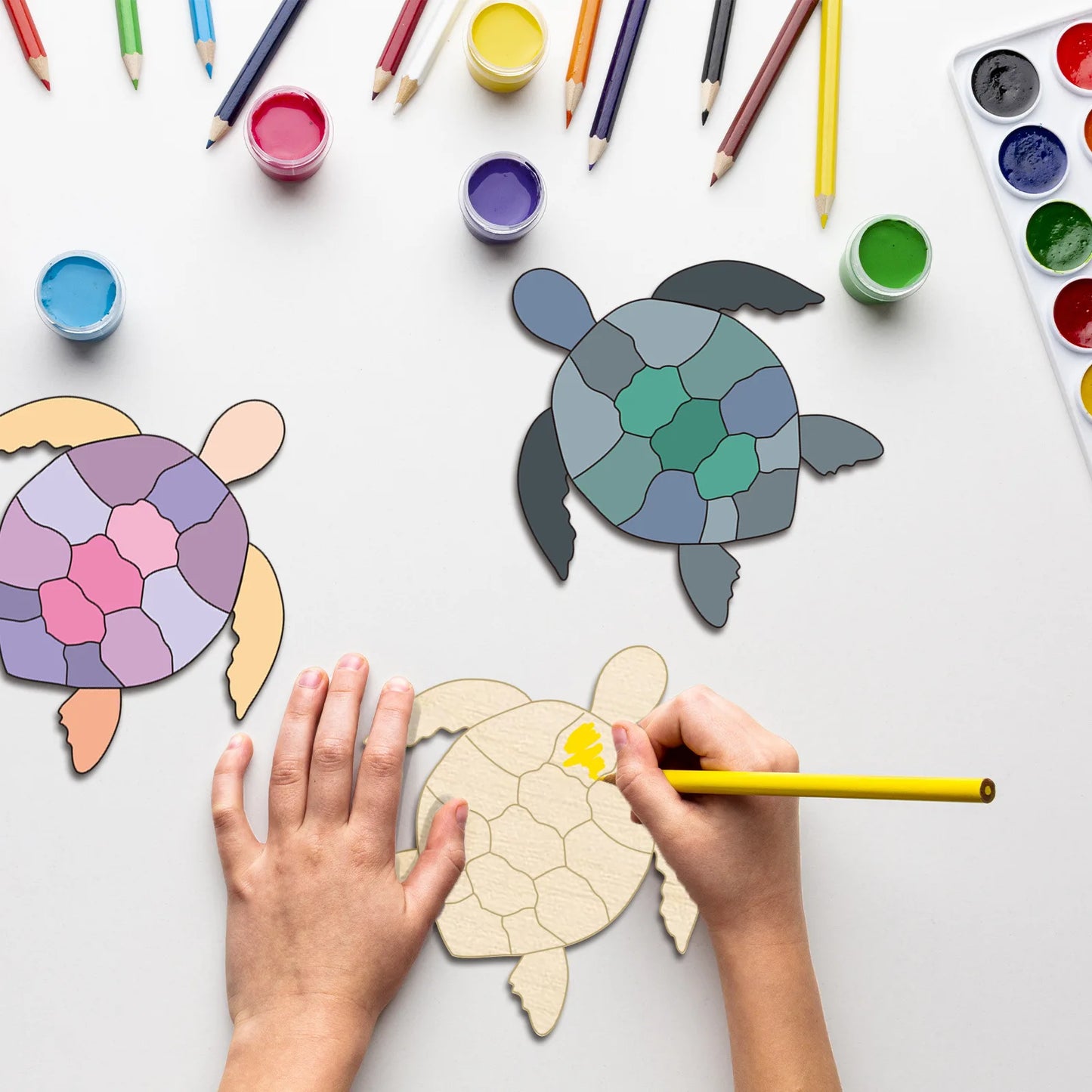 Houten figuren om zelf te schilderen/kleuren – Schildpad decoratie set