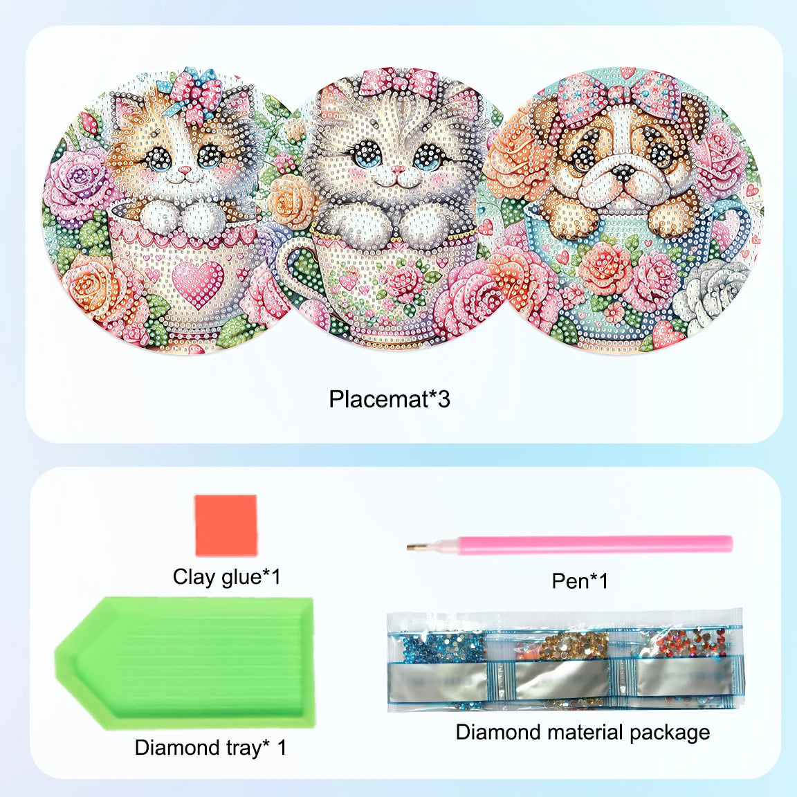Diamond Painting Placemats – Dieren in theekopje Set van 3