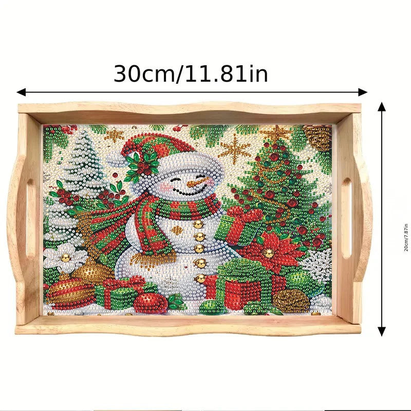 Diamond Painting Dienblad Kerst met Sneeuwpop en Kerstbomen Houten Tray