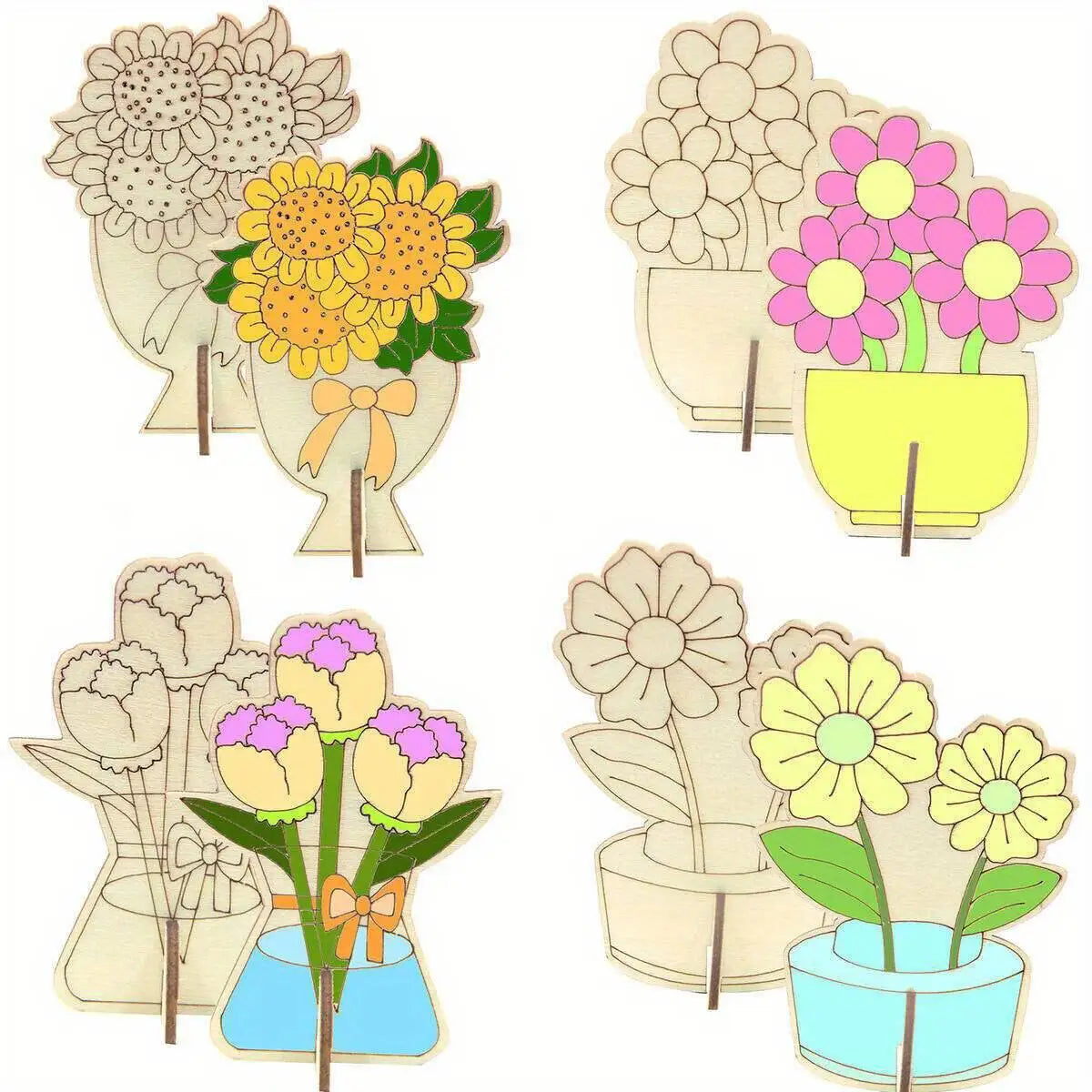 Houten figuren om zelf te kleuren/schilderen – Bloemenboeket decoratie (16 stuks)