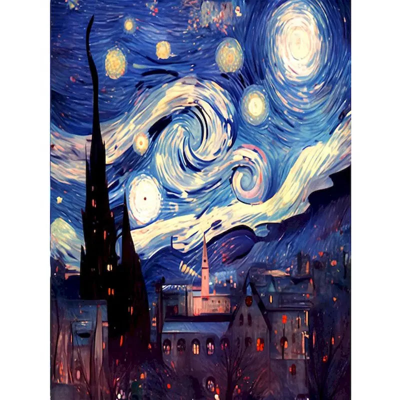 Diamond Painting Landschappen 30x40cm met ronde steentjes Sterrennacht met Gebouwen