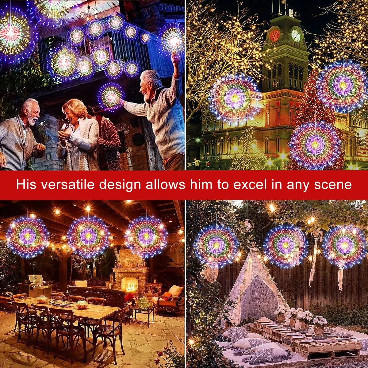 Solar Kerst verlichting vuurwerk buiten – 200 LED koperdraad lichtsnoer met 8 standen