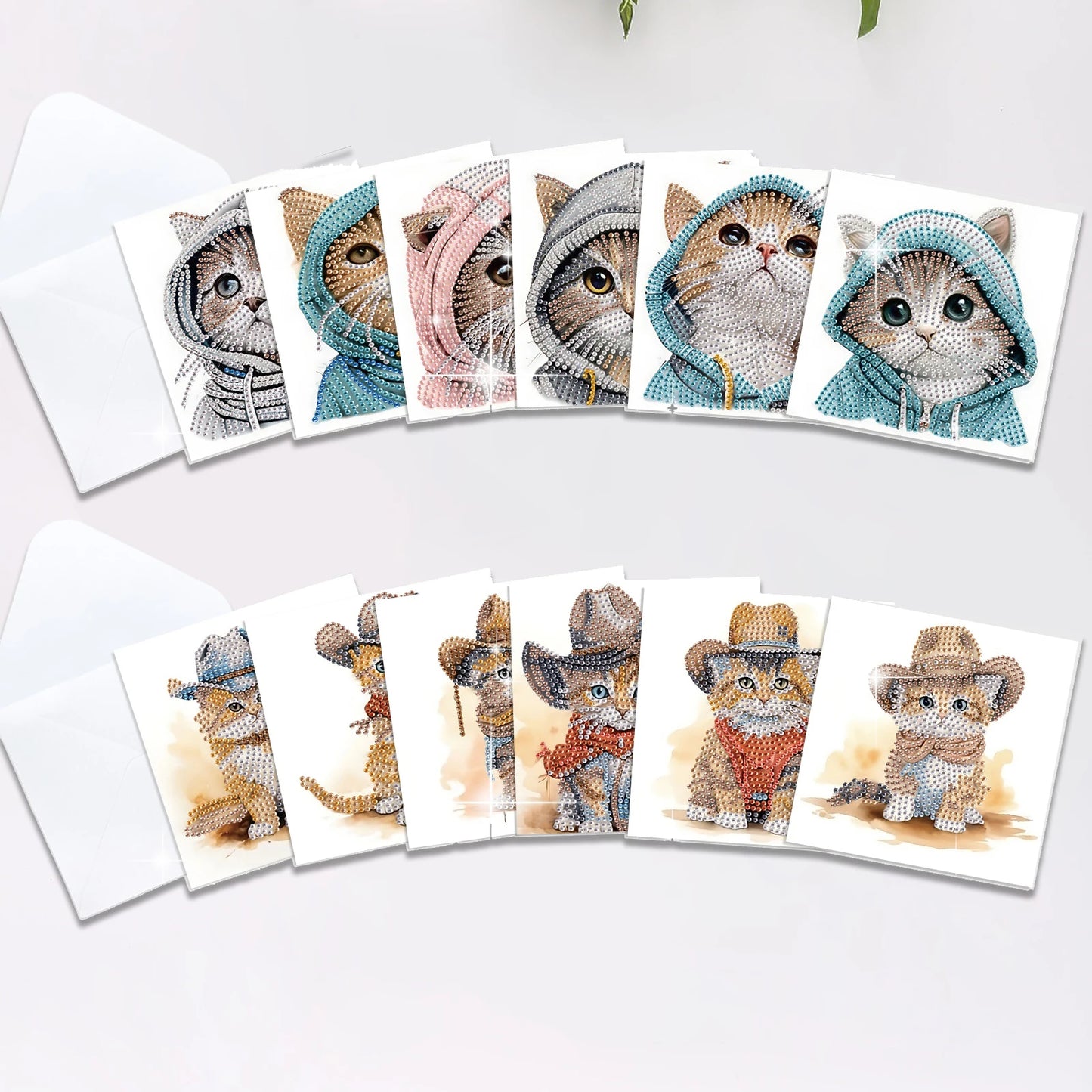 Diamond Painting Wenskaarten set – Katten design – 12 stuks