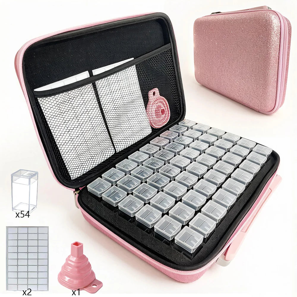 Diamond Painting Opbergkoffer met 54 Opbergpotjes Roze Organizer