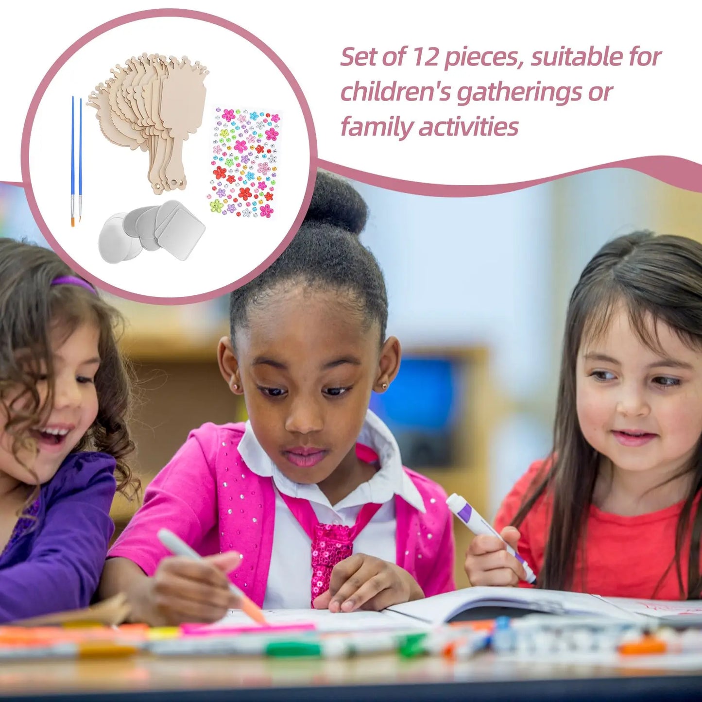 Houten figuur om zelf te schilderen/kleuren – Houten handspiegel (12 stuks) inclusief stickers