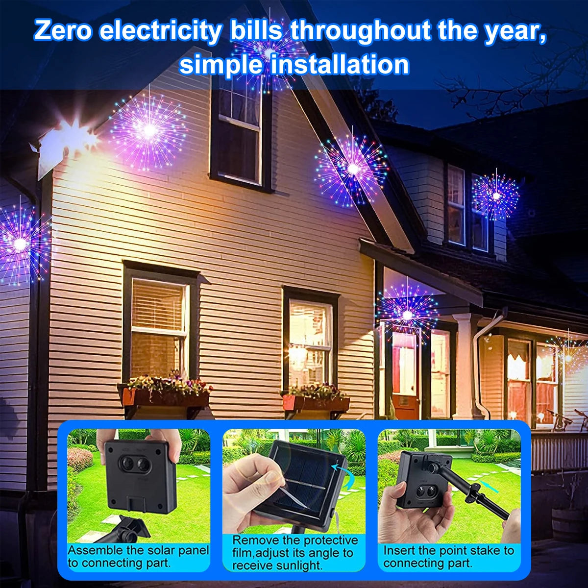 Solar Kerst verlichting vuurwerk buiten – 200 LED koperdraad lichtsnoer met 8 standen